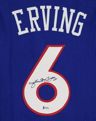 Julius Dr. J Erving Philadelphia 76ers Signed Autographed Blue #6 Custom Jersey Beckett Sticker Hologram Only