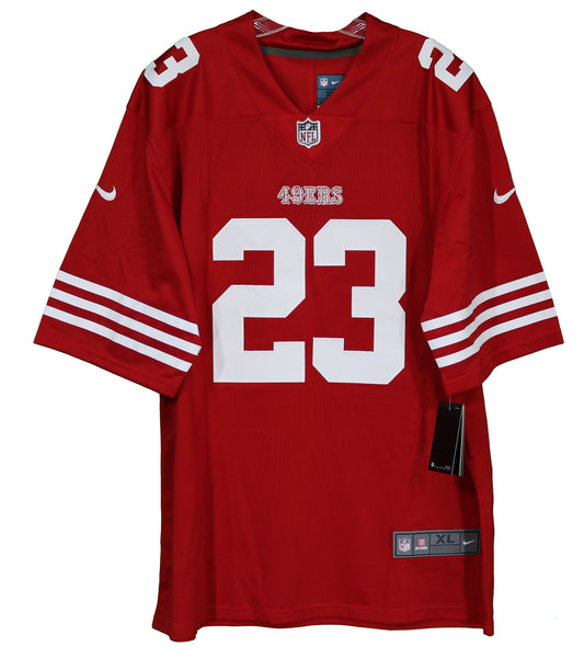 Christian McCaffrey San Francisco 49ers Unsigned Runs The Ball in Scarlet Jersey Photograph