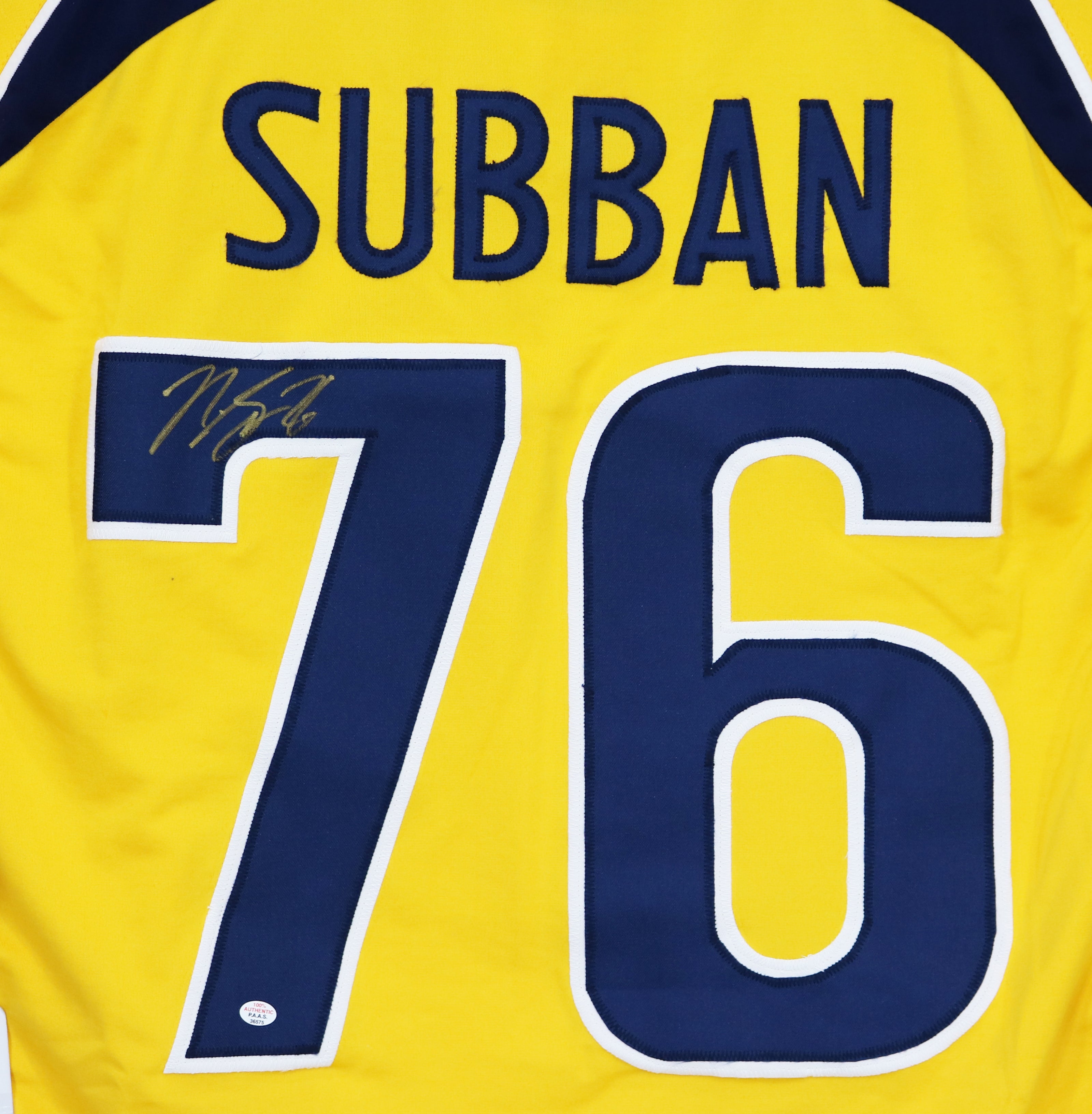Subban Nashville Predators Autographed #76 Yellow Custom