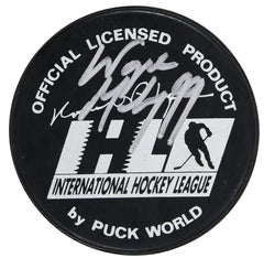 Wayne Gretzky Signed Autographed International Hockey League Hockey Puck Heritage Authentication COA with Display Holder