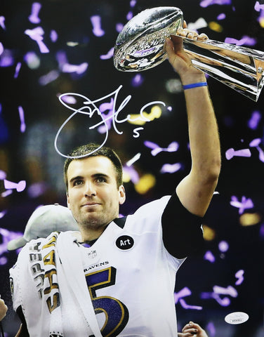 Joe Flacco Baltimore Ravens Signed Autographed 11" x 14" Super Bowl Trophy Photo JSA Witnessed COA