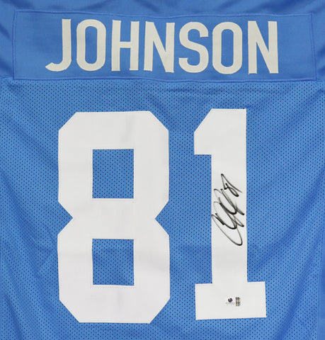 Calvin Johnson Detroit Lions Signed Autographed Blue #81 Custom Jersey Global Sticker COA