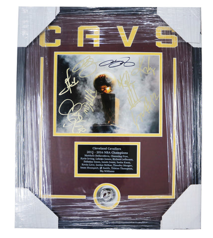 Cleveland Cavaliers Cavs 2015-16 NBA Finals Champions Team Signed Autographed 21-1/4" x 17-1/4" Framed Photo Display with Replica Champions Ring PAAS Letter COA Lebron Kyrie Love