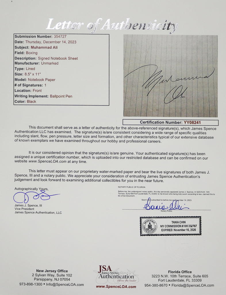 Muhammad Ali Signed Autographed Notebook Paper JSA Letter COA – Sports ...