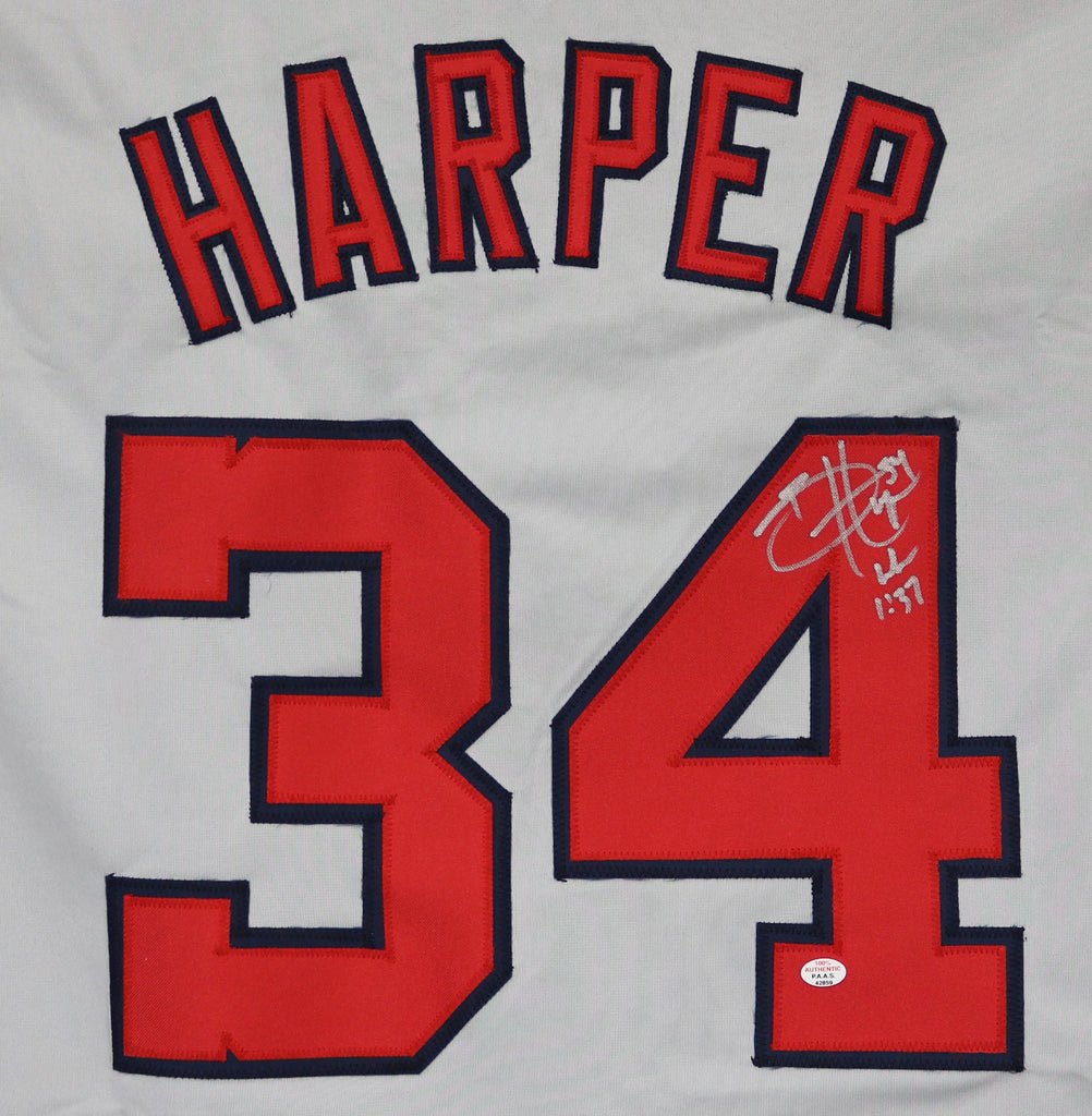 The jersey of Washington Nationals' Bryce Harper is signed on the