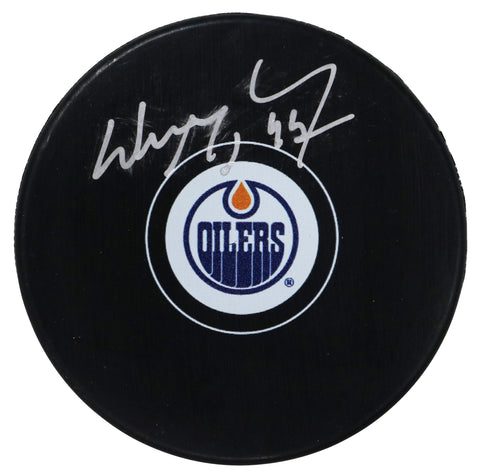 Wayne Gretzky Edmonton Oilers Signed Autographed Oilers Logo NHL Hockey Puck Global COA with Display Holder - SMUDGED