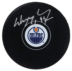 Wayne Gretzky Edmonton Oilers Signed Autographed Oilers Logo NHL Hockey Puck Global COA with Display Holder - SMUDGED
