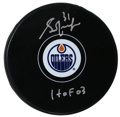 Grant Fuhr Edmonton Oilers Signed Autographed Oilers Logo NHL Hockey Puck Global COA with Display Holder