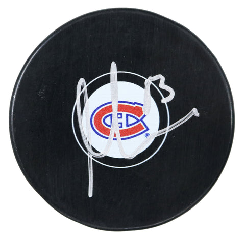 Max Domi Montreal Canadiens Signed Autographed Canadiens Logo NHL Hockey Puck Global COA with Display Holder