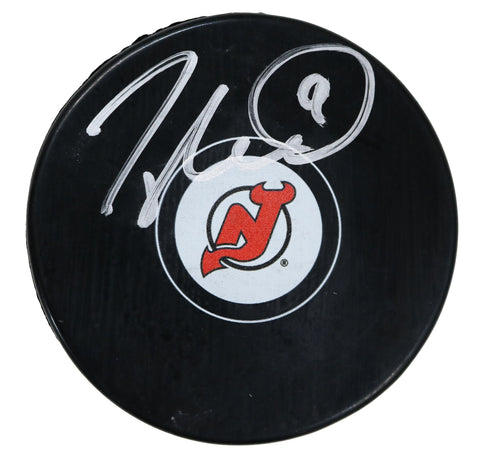 Taylor Hall New Jersey Devils Signed Autographed Devils Logo NHL Hockey Puck Global COA with Display Holder