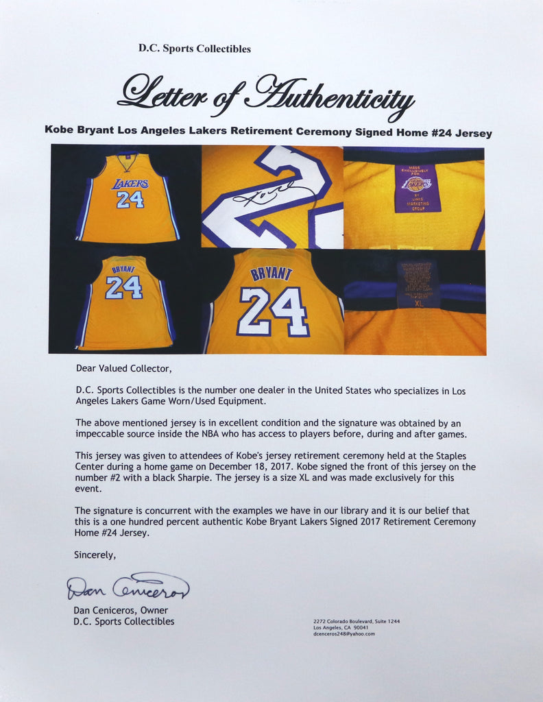 KOBE BRYANT AUTOGRAPHED HAND SIGNED YELLOW LAKERS JERSEY
