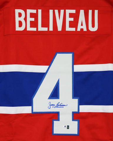 Jean Beliveau Montreal Canadiens Signed Autographed Red #4 Custom Jersey Global COA - SIGNATURE BLED