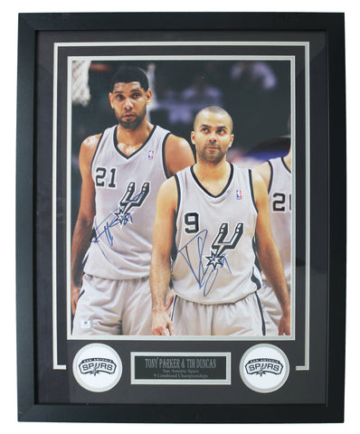 Tim Duncan and Tony Parker San Antonio Spurs Dual Signed Autographed 29" x 23" Framed Photo Global COA