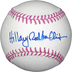 Hillary Rodham Clinton Presidential Candidate Signed Autographed Pink Mothers Day Breast Cancer Rawlings Official Major League Baseball LSC COA with Display Holder