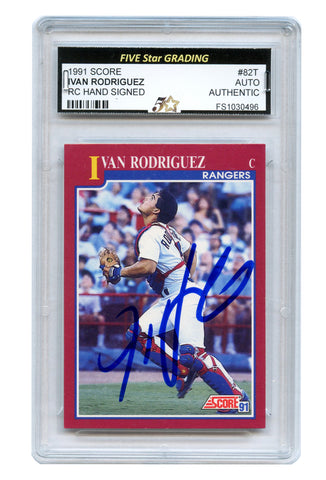 Ivan Rodriguez Texas Rangers Signed Autographed 1991 Score #82T Baseball Card Five Star Grading Certified