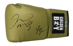 Floyd Mayweather and Logan Paul Signed Autographed Gold Boxing Glove Heritage Authentication COA