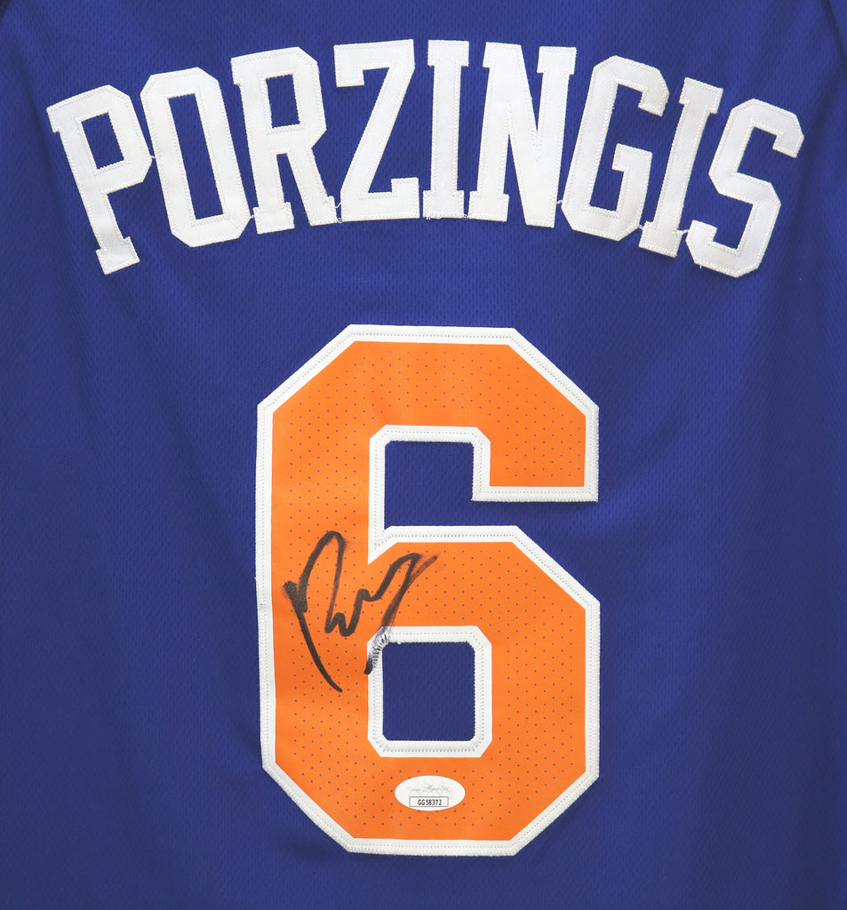 Kristaps Porzingis signed blue #6 New York Knicks jersey rookie auto JSA  COA - Cardboard Memories